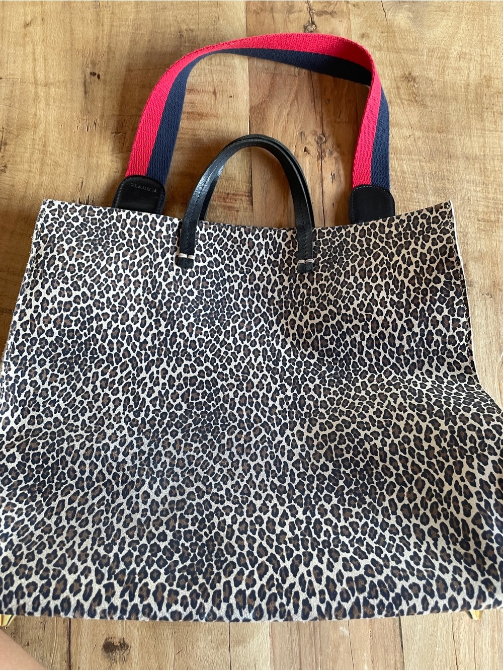 Clare V Simple Tote in Leopard Print Suede with Red and Blue Long Strap